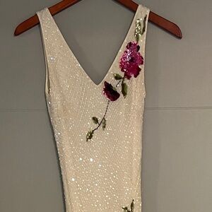 Sue Wong Cream Beaded Dress with Beaded Flowers